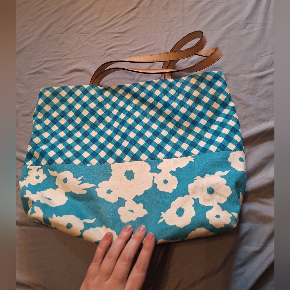 Large Kate Spade Blue Floral and Gingham Tote Bag - Picture 4 of 8